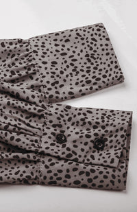Ladies Long Sleeve Leopard Print Lapel Pleated Shirt Dress
