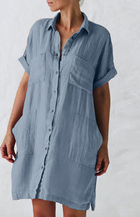 Lapel Button Pocket Short Sleeve Shirt Dress