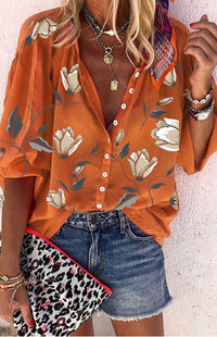 Floral Printed Stand Collar Loose Casual Shirt