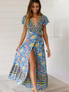 Ladies Deep V Neck Printed Slit Sexy Long Dress