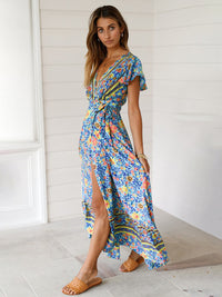 Ladies Deep V Neck Printed Slit Sexy Long Dress