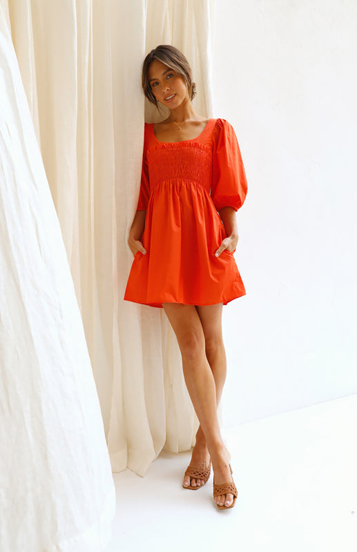 Women's Lantern Sleeve Solid Color Dress