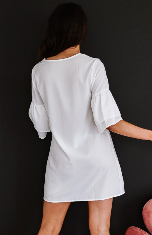 Women's sV Neck Button Flare Sleeve Shift Shirt Dress