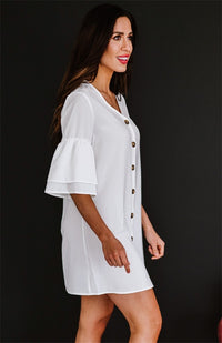 Women's sV Neck Button Flare Sleeve Shift Shirt Dress