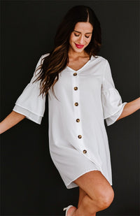 Women's sV Neck Button Flare Sleeve Shift Shirt Dress