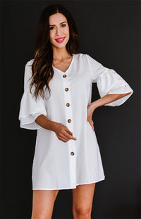 Women's sV Neck Button Flare Sleeve Shift Shirt Dress