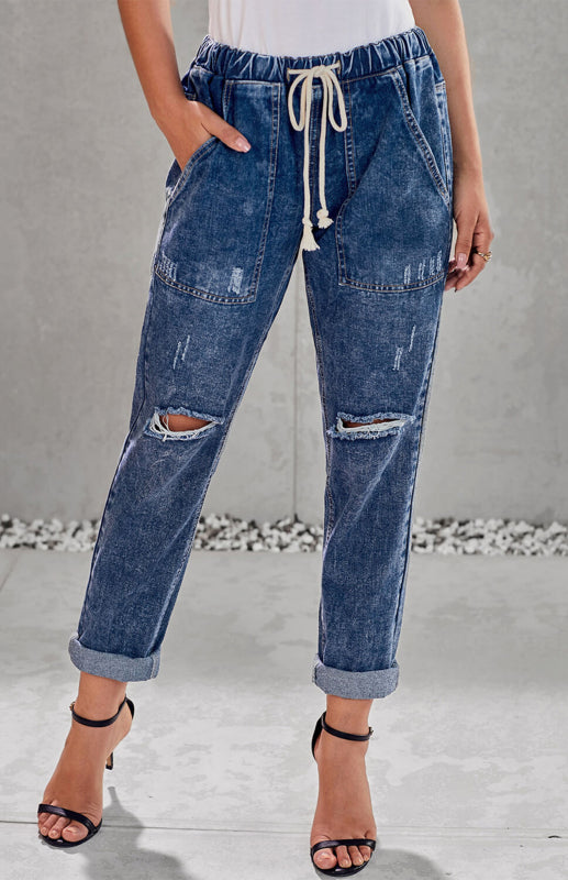 Distressed Drawstring Gather Round Distressed Pocketed Denim Jogger