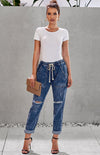 Distressed Drawstring Gather Round Distressed Pocketed Denim Jogger