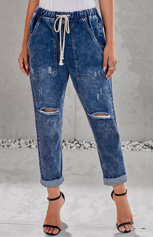 Distressed Drawstring Gather Round Distressed Pocketed Denim Jogger