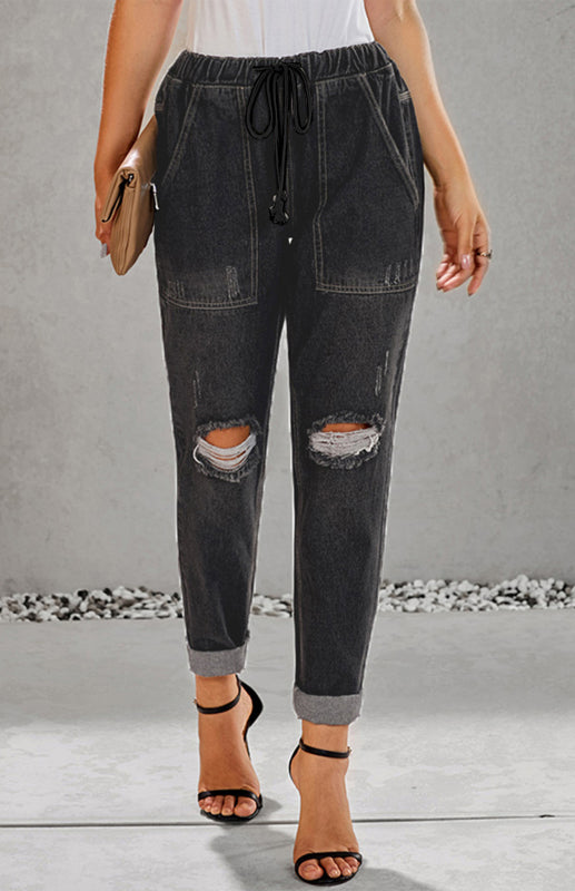 Distressed Drawstring Gather Round Distressed Pocketed Denim Jogger