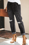 Distressed Drawstring Gather Round Distressed Pocketed Denim Jogger