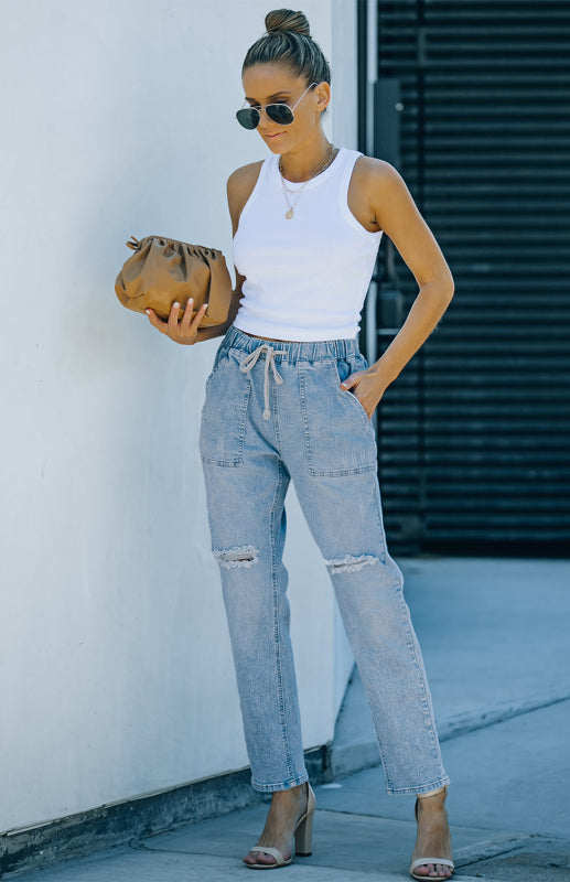 Distressed Drawstring Gather Round Distressed Pocketed Denim Jogger