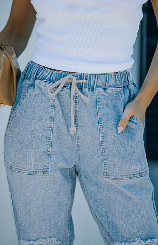 Distressed Drawstring Gather Round Distressed Pocketed Denim Jogger