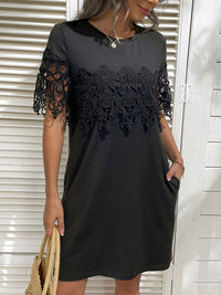 Beauty Short Sleeve T-Shirt Dress Loose Lace Stitching Black Dress
