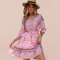 Women's Printed Vintage Loose Pink Dress