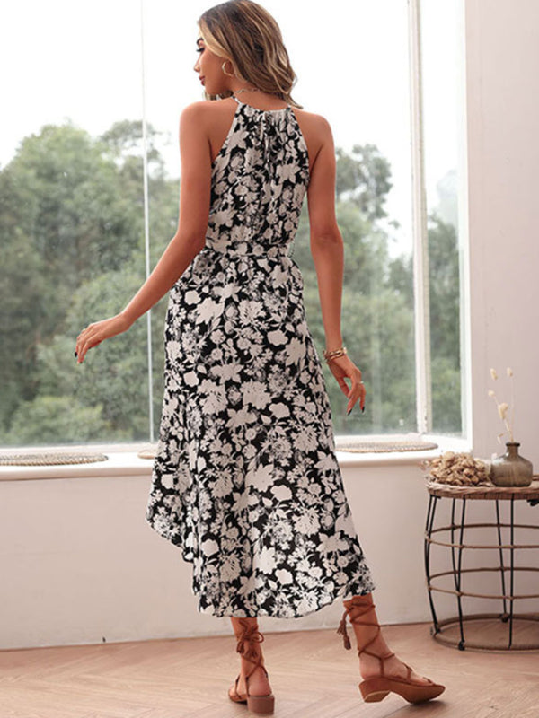 European and American halter neck print white dress