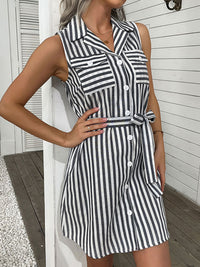 Nipped Waist Shirt Dress Lapel Grey Beach Stripe Dress