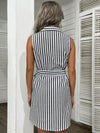 Nipped Waist Shirt Dress Lapel Grey Beach Stripe Dress