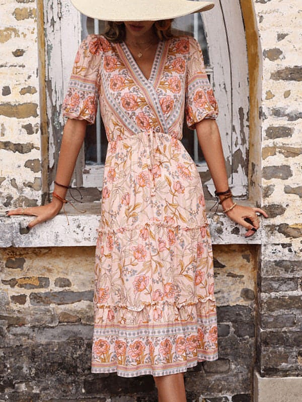 Vintage Women's Pink Fungus Print V-Neck Midi Dress