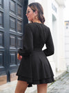 Women's multilayer hem V-neck lace up long sleeved dress