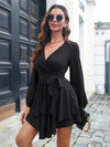 Women's multilayer hem V-neck lace up long sleeved dress