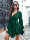 Women's multilayer hem V-neck lace up long sleeved dress