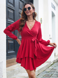 Women's multilayer hem V-neck lace up long sleeved dress