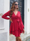 Women's multilayer hem V-neck lace up long sleeved dress