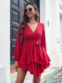 Women's multilayer hem V-neck lace up long sleeved dress