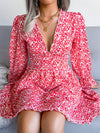 Women's V-neck flower wood ear Long Sleeve Chiffon Dress