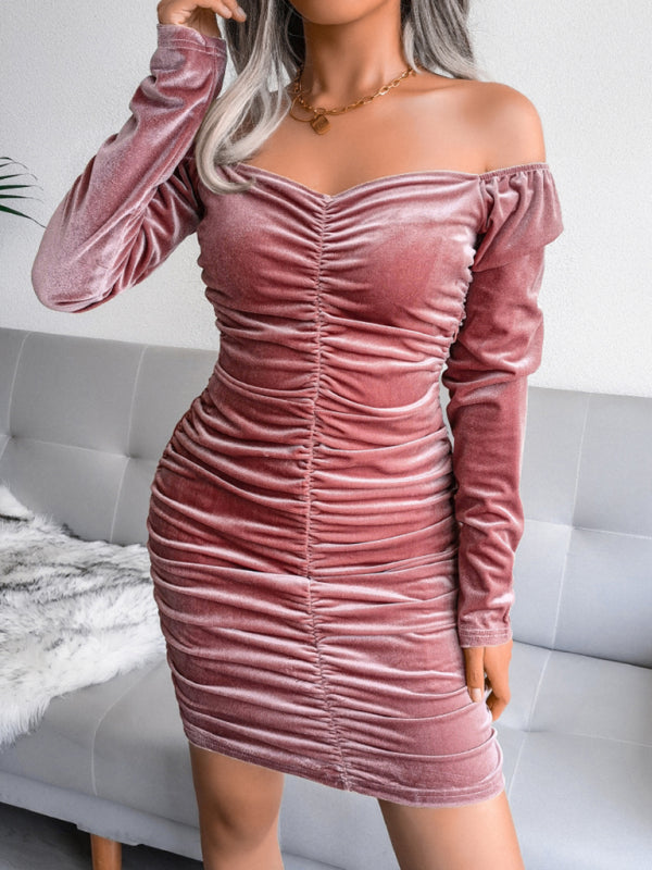 Women's square neck velvet buttock wrap dress