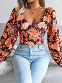 Women's V-neck lantern long sleeve Floral Chiffon shirt