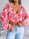 Women's V-neck lantern long sleeve Floral Chiffon shirt