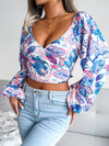 Women's V-neck lantern long sleeve Floral Chiffon shirt