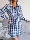 Women's long sleeve casual Plaid tie cotton linen shirt skirt