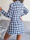 Women's long sleeve casual Plaid tie cotton linen shirt skirt