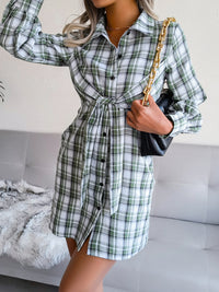 Women's long sleeve casual Plaid tie cotton linen shirt skirt