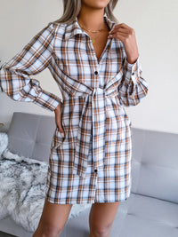 Women's long sleeve casual Plaid tie cotton linen shirt skirt