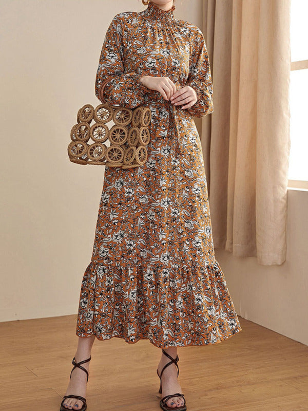 Women’s High Neck Line Floral Print Maxi Dress With Puffed Sleeves