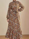 Women’s High Neck Line Floral Print Maxi Dress With Puffed Sleeves
