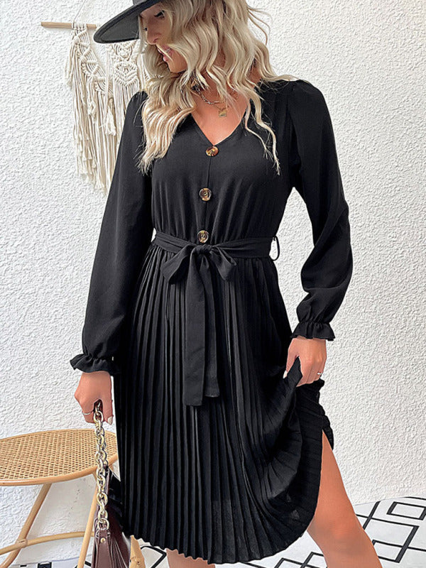 Fashion pleated skirt female black long -sleeved pleated dress