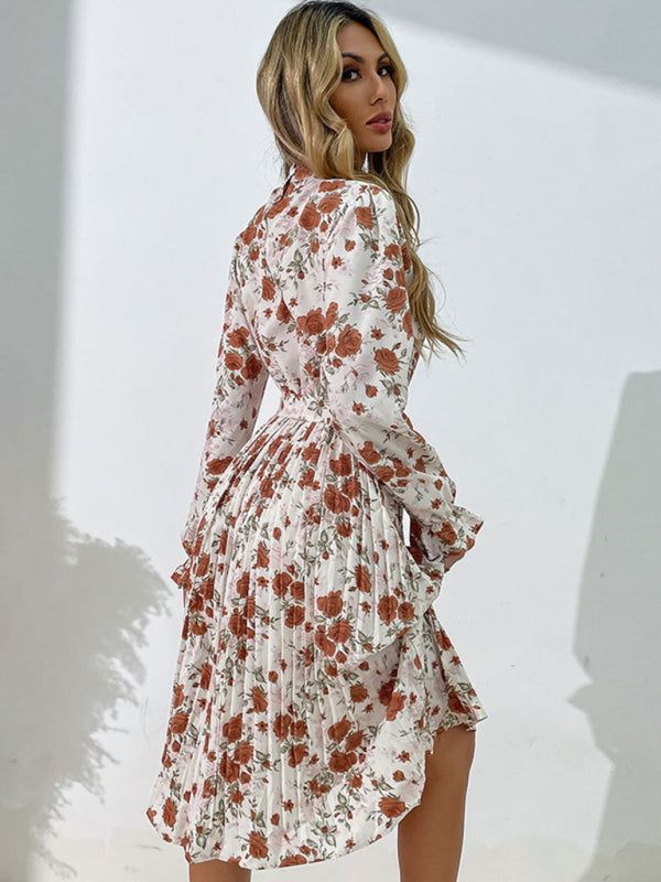 Fashion women's printed long -sleeved half -high -neck dress