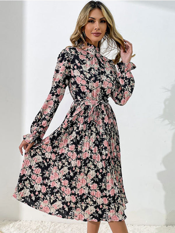 Fashion women's printed long -sleeved half -high -neck dress