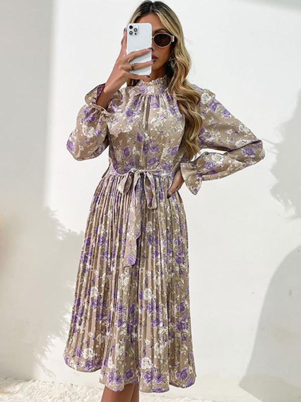 Fashion women's printed long -sleeved half -high -neck dress