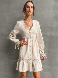 Women's splicing wooden ear dress V-neck long-sleeved dress