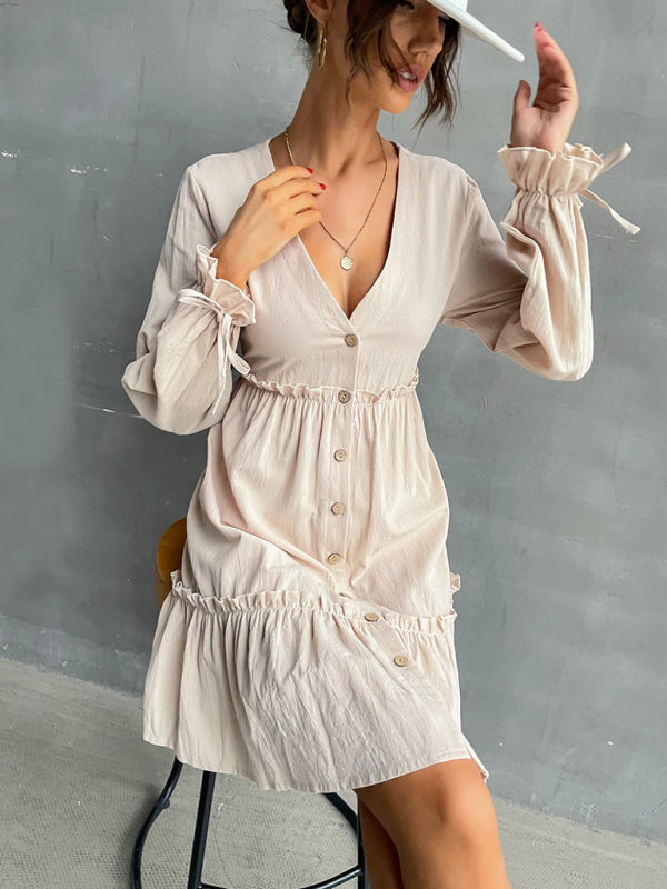 Women's splicing wooden ear dress V-neck long-sleeved dress