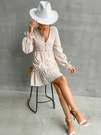 Women's splicing wooden ear dress V-neck long-sleeved dress