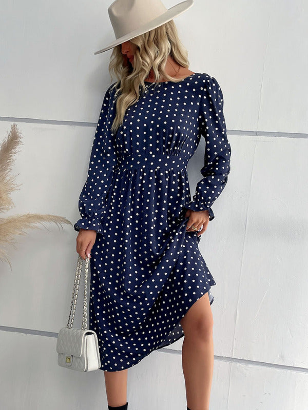 Women's round neck waist polka dot dress