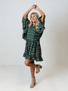 Women's leopard print bat long sleeve splicing dress