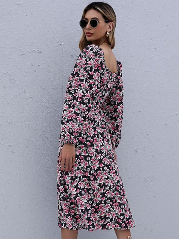 Women’s Charming Floral Maxi Sundress With Square Neckline And Cinched Front Necktie